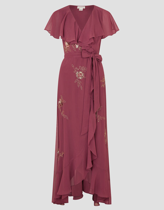 Ausha Floral Embellished Maxi Wrap Dress, DARK PINK, large