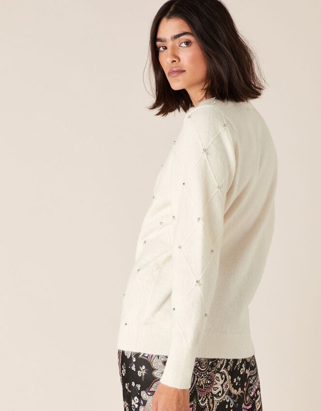 Embellished Diamond Stitch Knit Jumper, Ivory (IVORY), large