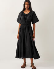 Nora Short Sleeve Cotton Midi Dress, Black (BLACK), large