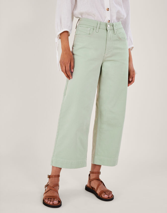 Wide Leg Crop Denim Trousers, Green (SAGE), large