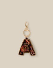 Floral Embroidered Velvet Initial Keyring, Brown (CHOCOLATE), large