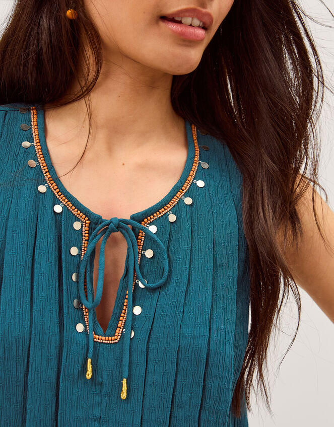 Sophia Embellished Pleat Tank Top, Teal (TEAL), large