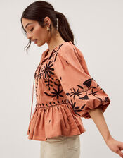 Freya Puff Sleeve Embroidered Top, Orange (PEACH), large