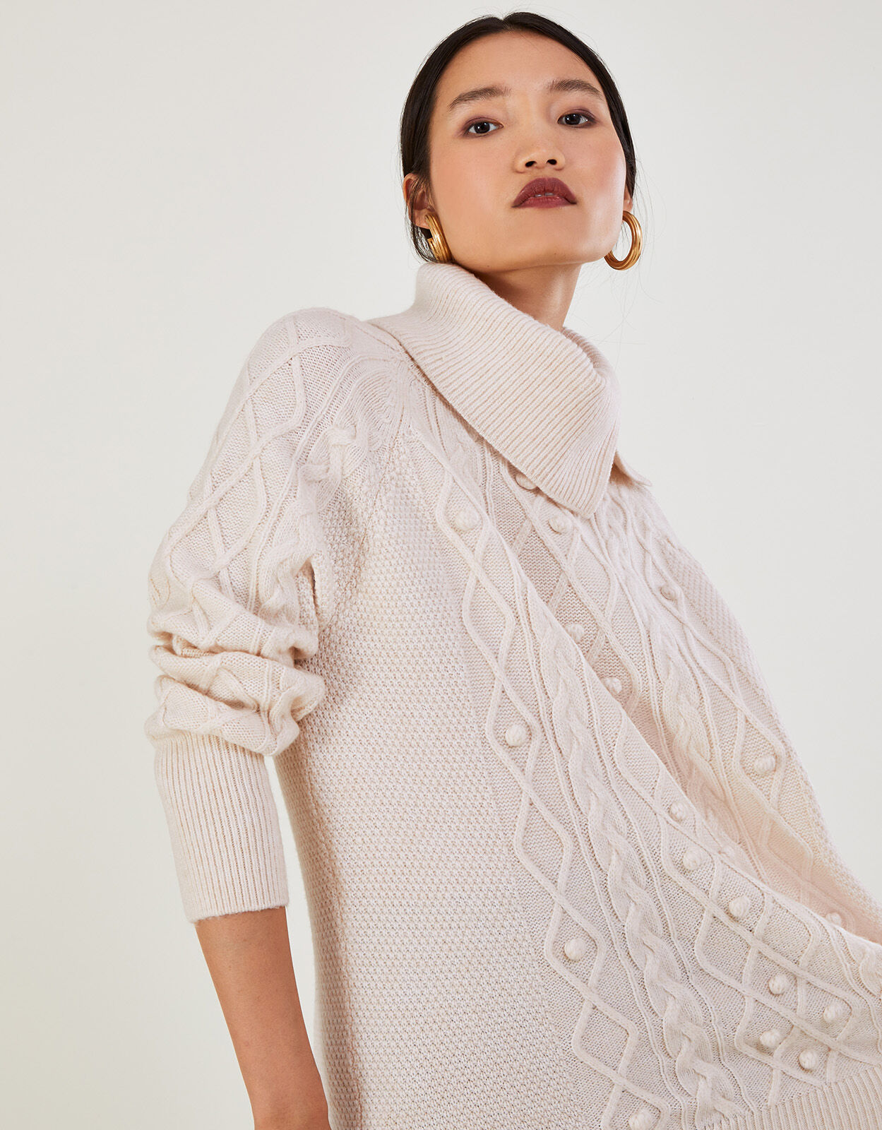 Cable Split Neck Bobble Jumper with Recycled Polyester Ivory