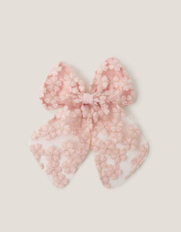 Floral Embroidered Bow Hair Clip, , large