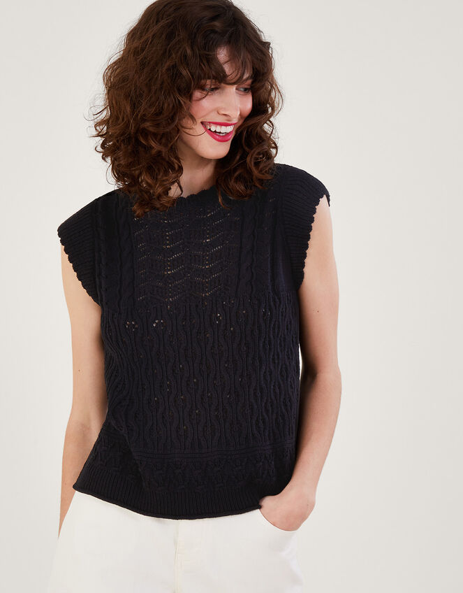 Multi Stitch Pointelle Knitted Vest, Black (BLACK), large