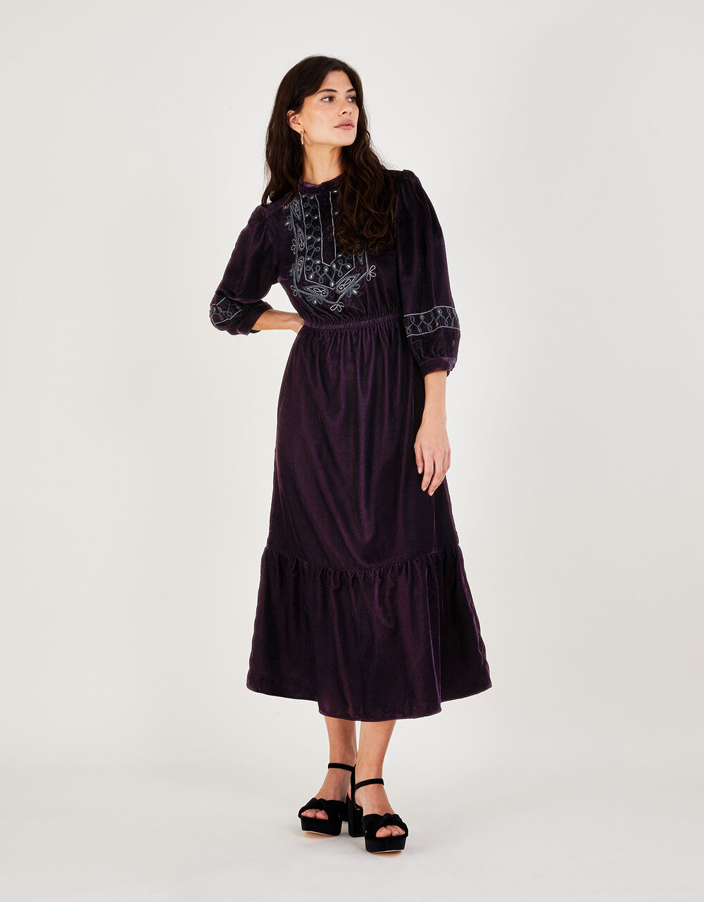 Emily Embroidered Military Velvet Midi Dress Purple | Casual & Day ...