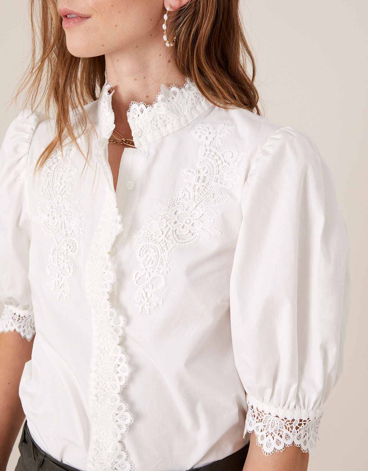 Victoriana Lace Trim Poplin Shirt White | Tops & T-shirts