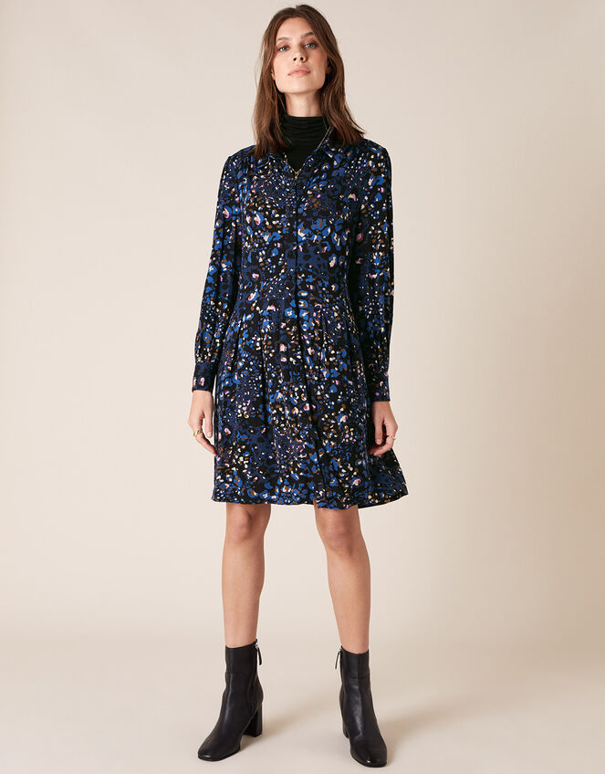 Leopard Print Jersey Shirt Dress, Blue (NAVY), large