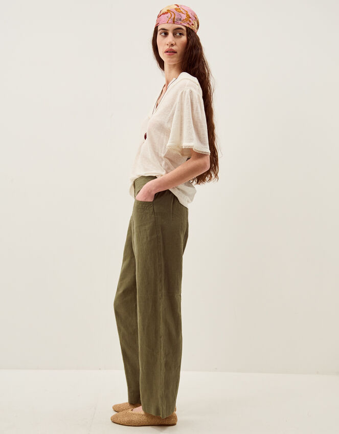 Lucy Regular Straight Leg Linen Trousers, Green (KHAKI), large