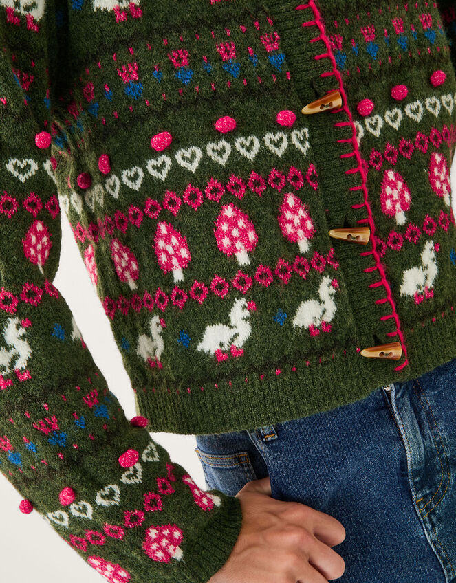 Monsoon x Sarah Corbett-Winder Duck Fair Isle Cardigan, Green (KHAKI), large