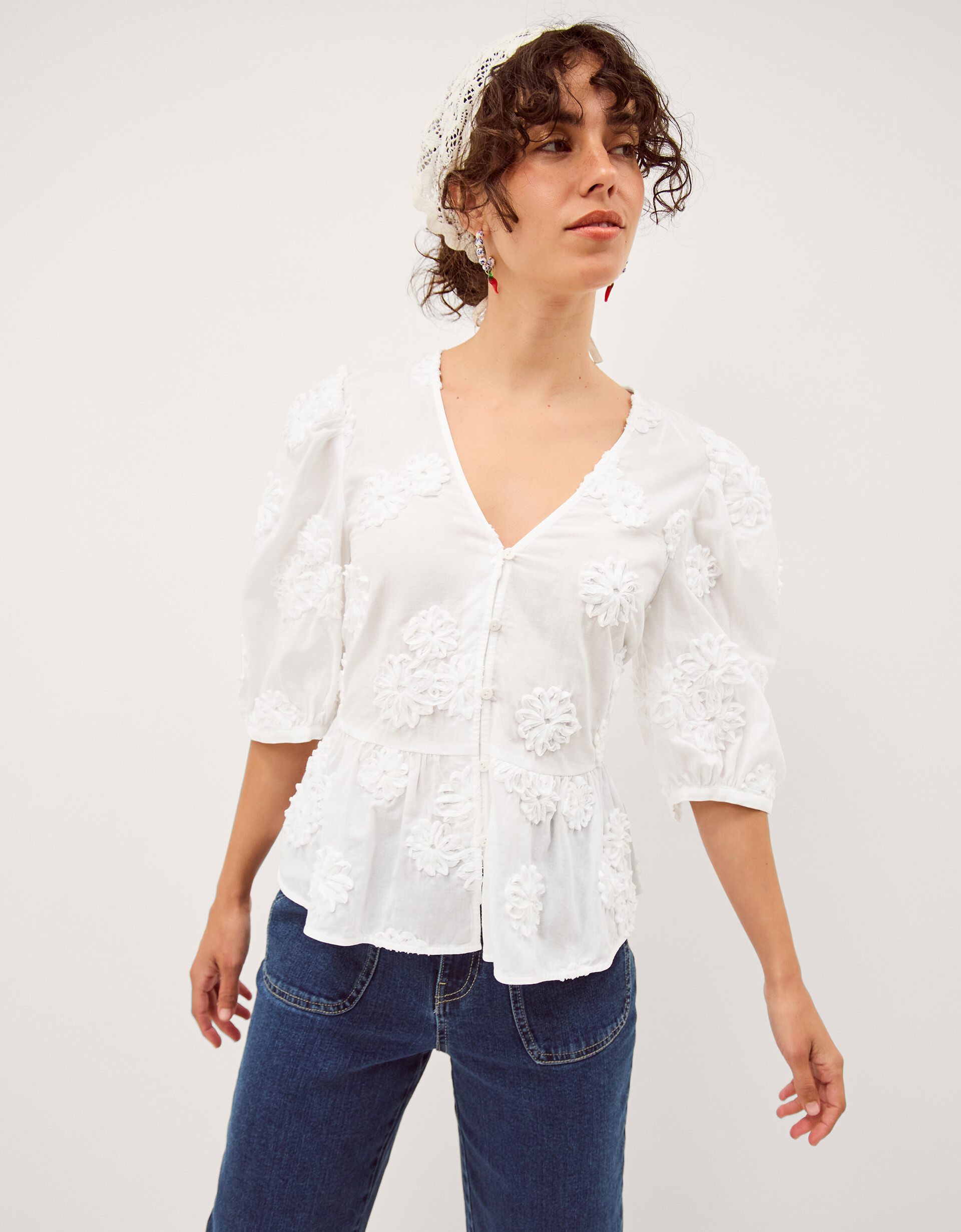 Tammy Puff Sleeve Embroidered Top White | Tops & T-shirts