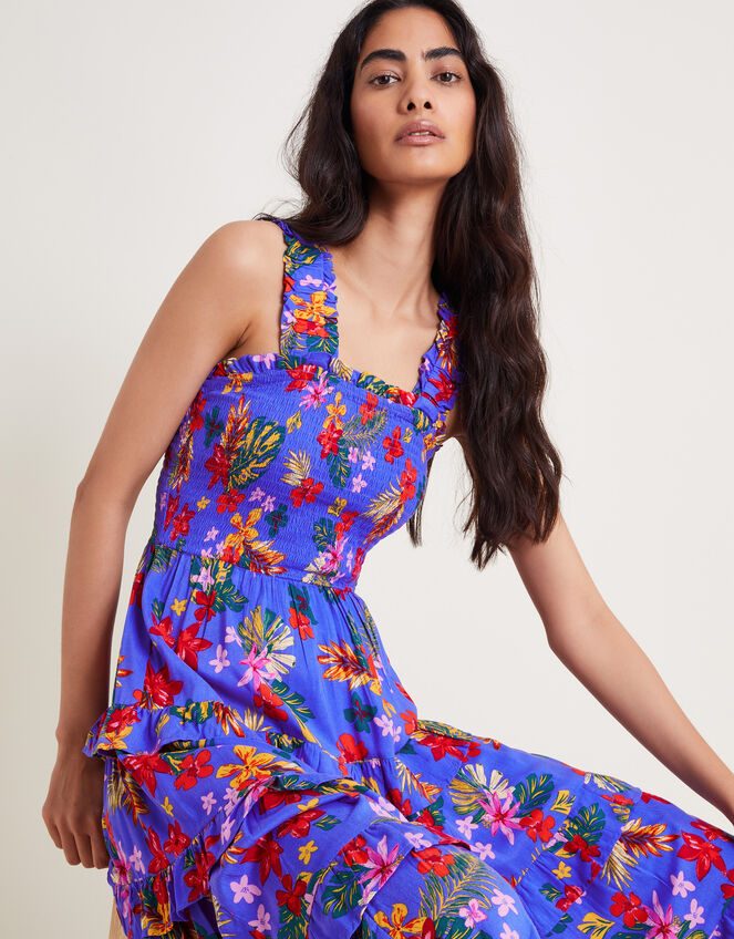 Miley Floral Smocked Ruffle Maxi Dress, Blue (BLUE), large
