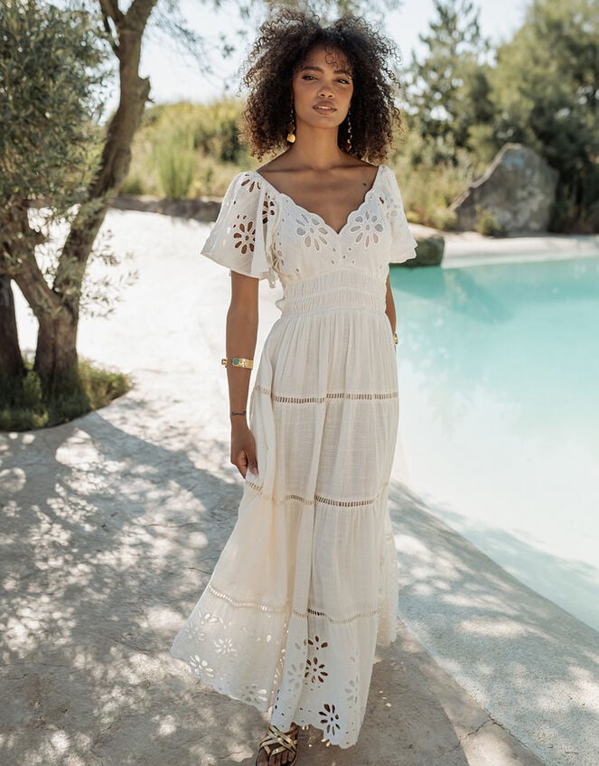 Piti Cuiti Floral Cutwork Maxi Dress, White (WHITE), large