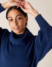 Roll Neck Knit Dress, Blue (DARK BLUE), large