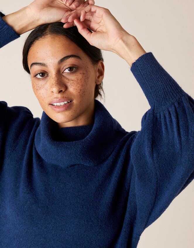 Roll Neck Knit Dress, Blue (DARK BLUE), large