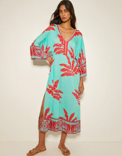 Pamela Palm Print Kaftan Dress, Green (MINT), large