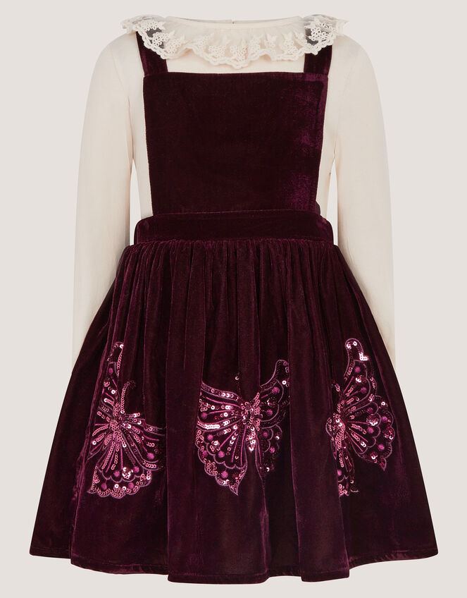 Long Sleeve Top & Velvet Pinafore Dress Set, Red (BURGUNDY), large