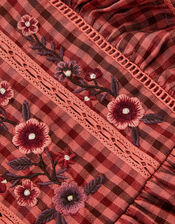 Floral Embroidered Check Dress, Brown (BROWN), large