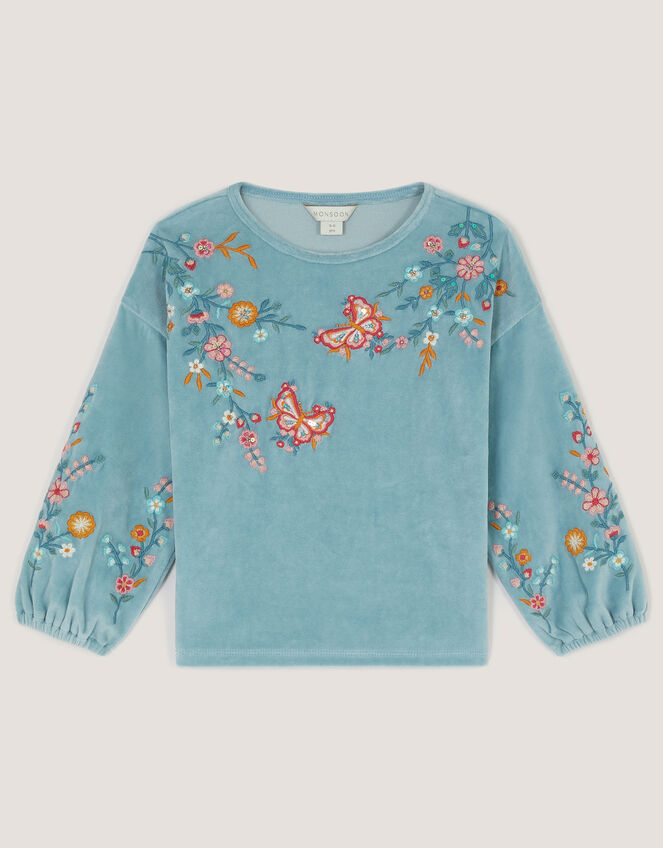 Floral Embroidered Velour Sweatshirt, Green (GREEN), large