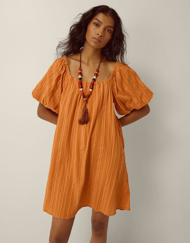 Yara Puff Sleeve Stripe Mini Dress, Tan (TAN), large