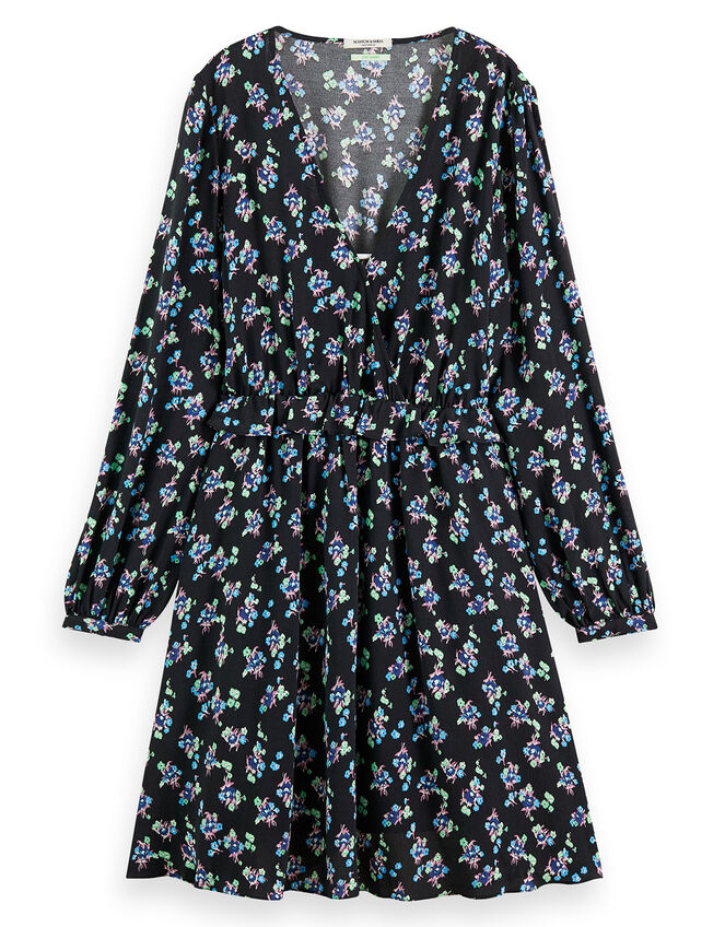 Scotch and Soda Elasticated Waist Floral Mini Dress, Black (BLACK), large