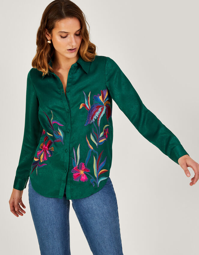 Constance Embroidered Satin Shirt in Recycled Polyester Green | Tops ...
