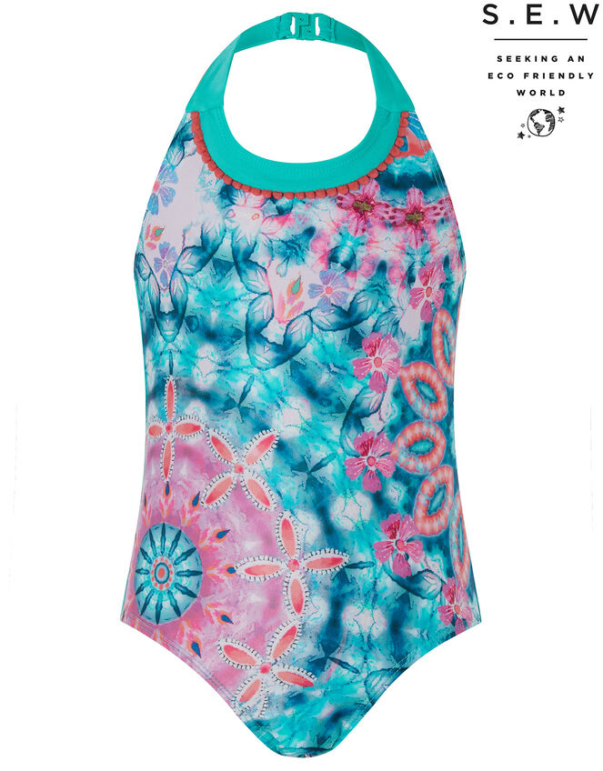 Kit Tie-Dye Floral Halter Swimsuit with Recycled Polyester, Blue (NAVY), large