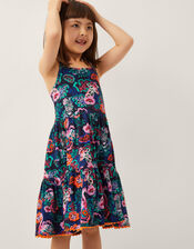 Floral Animal Print Cotton Dress, Blue (NAVY), large
