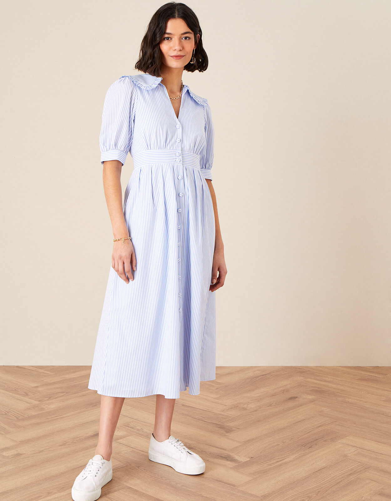 Frill Collar Stripe Poplin Dress Blue Day Dresses Monsoon UK