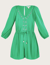 Long Sleeve Embellished Romper, Green (GREEN), large
