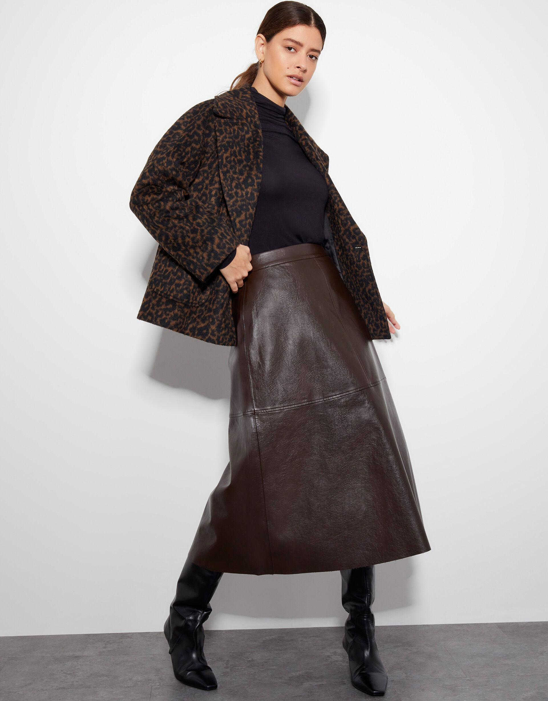 Brown real leather midi skirt cheap