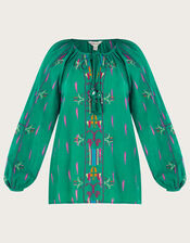 Embroidered Tie Neck Top, Green (GREEN), large