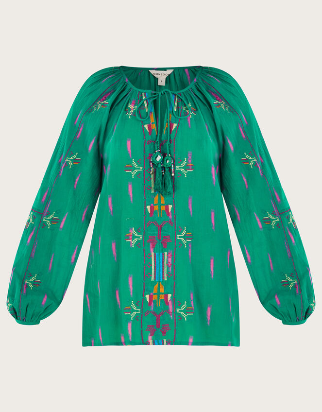 Embroidered Tie Neck Top, Green (GREEN), large