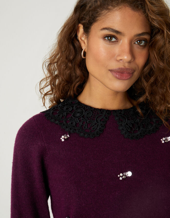 Collar All-Over Embellished Jumper, Red (BERRY), large
