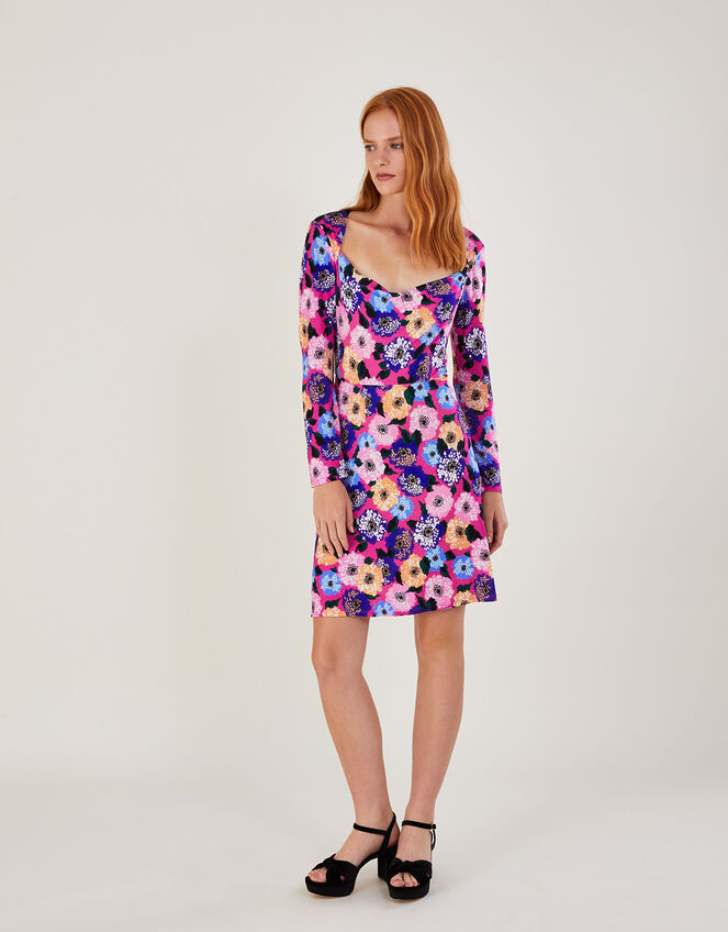 Cowl Neck Printed Short Jersey Dress, Pink (PINK), large