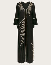 Cali Embroidered Leaf Kaftan Dress, Black (BLACK), large