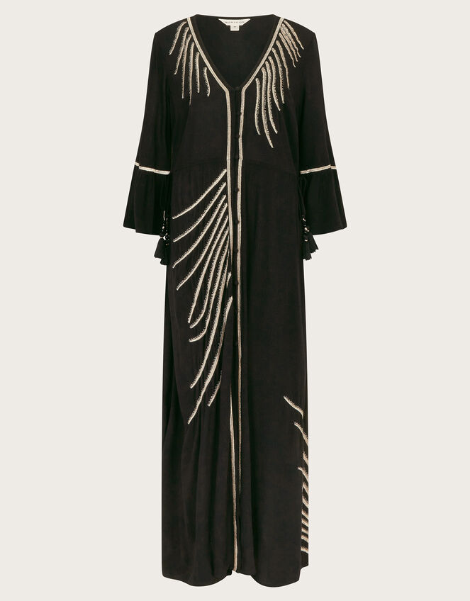 Cali Embroidered Leaf Kaftan Dress, Black (BLACK), large