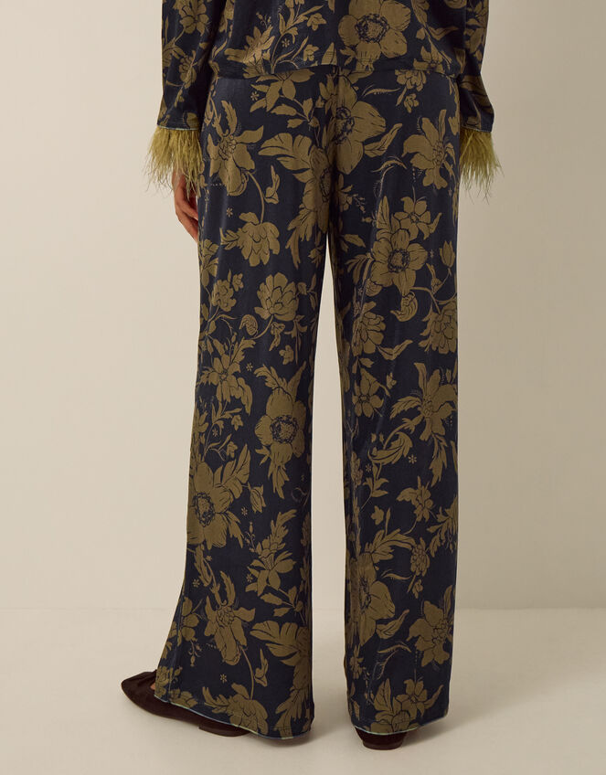Princella High Waisted Floral Velvet Wide Leg Trousers, Blue (NAVY), large