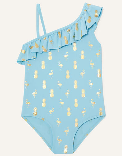 Flaming and Pineapple Foil Print Swimsuit Blue, Blue (TURQUOISE), large