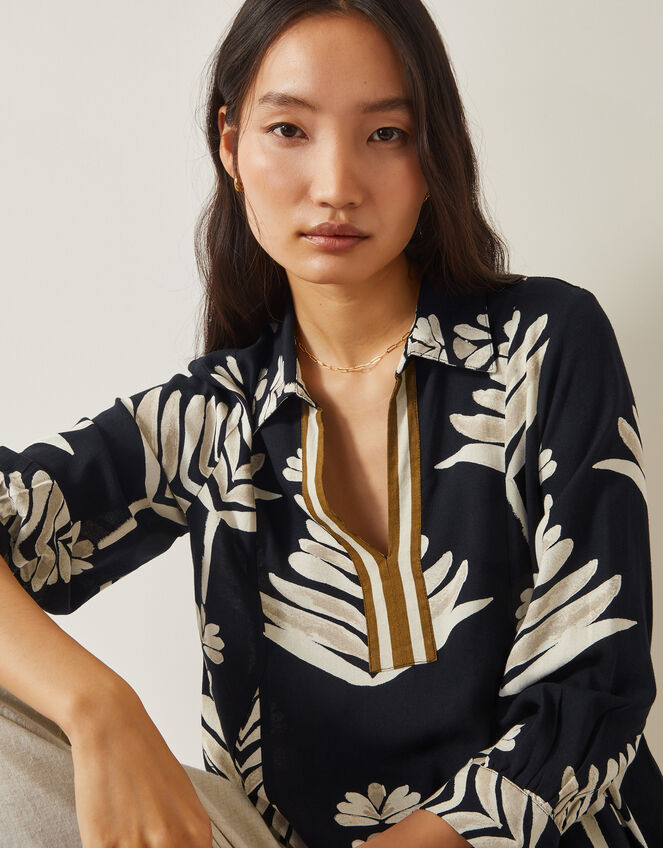 Pamela Linen Blend Leaf Print Top, Black (BLACK), large