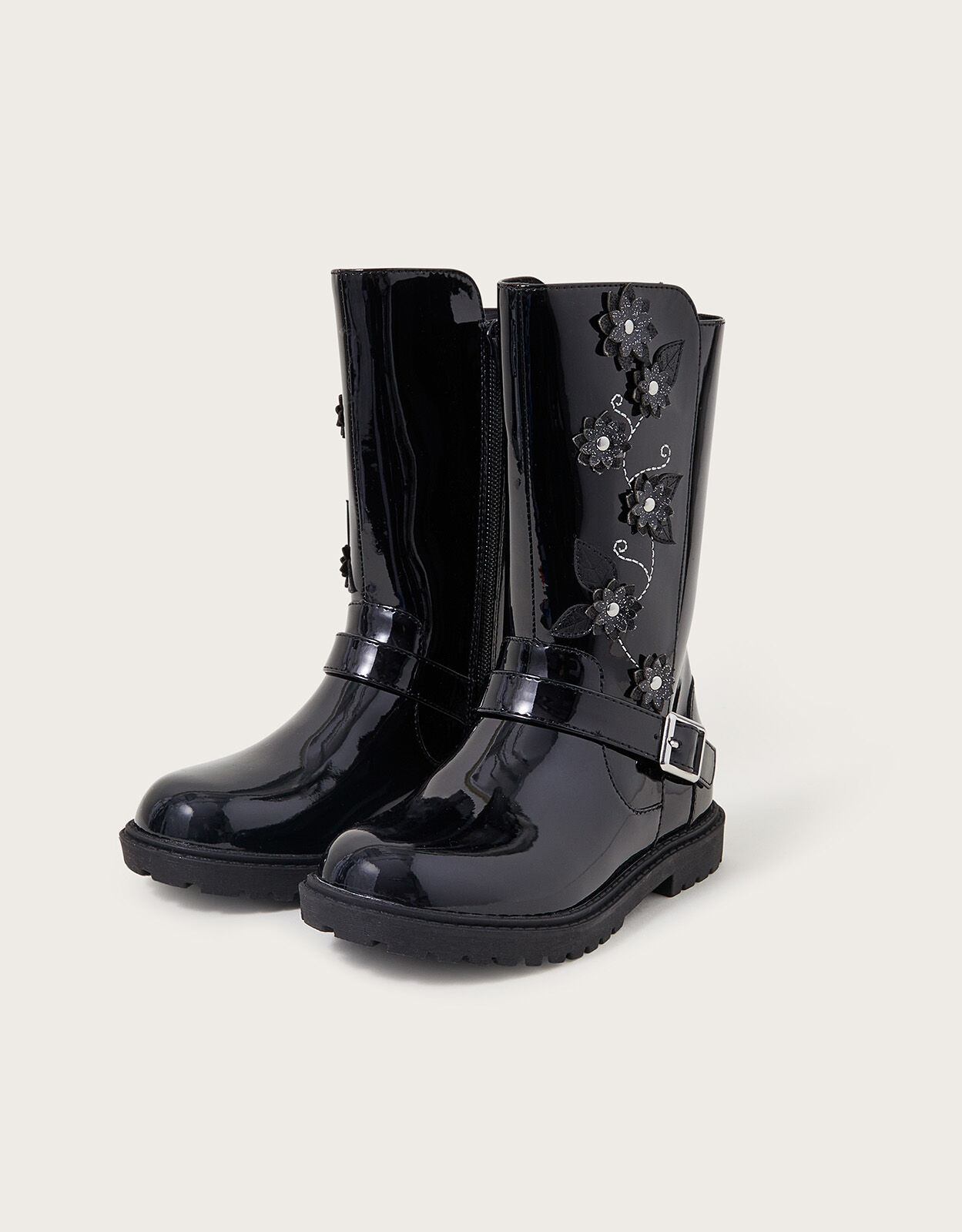 Flower Detail Riding Boots Black