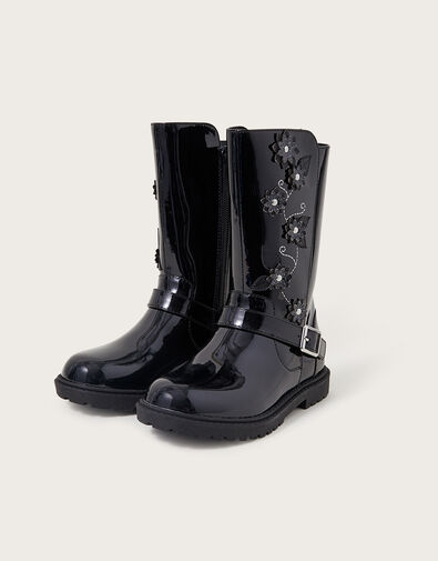 Flower Detail Riding Boots, Black (BLACK), large