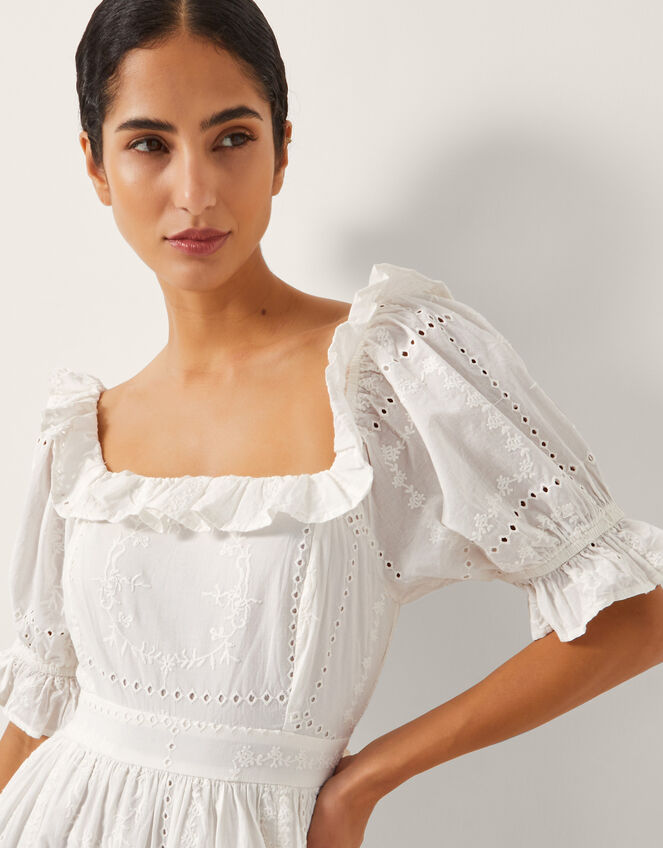 The India Edit Matilda Puff Sleeve Broderie Midi Dress, White (WHITE), large