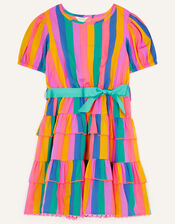 Bold Stripe Ruffle Shoulder Dress, Green (GREEN), large