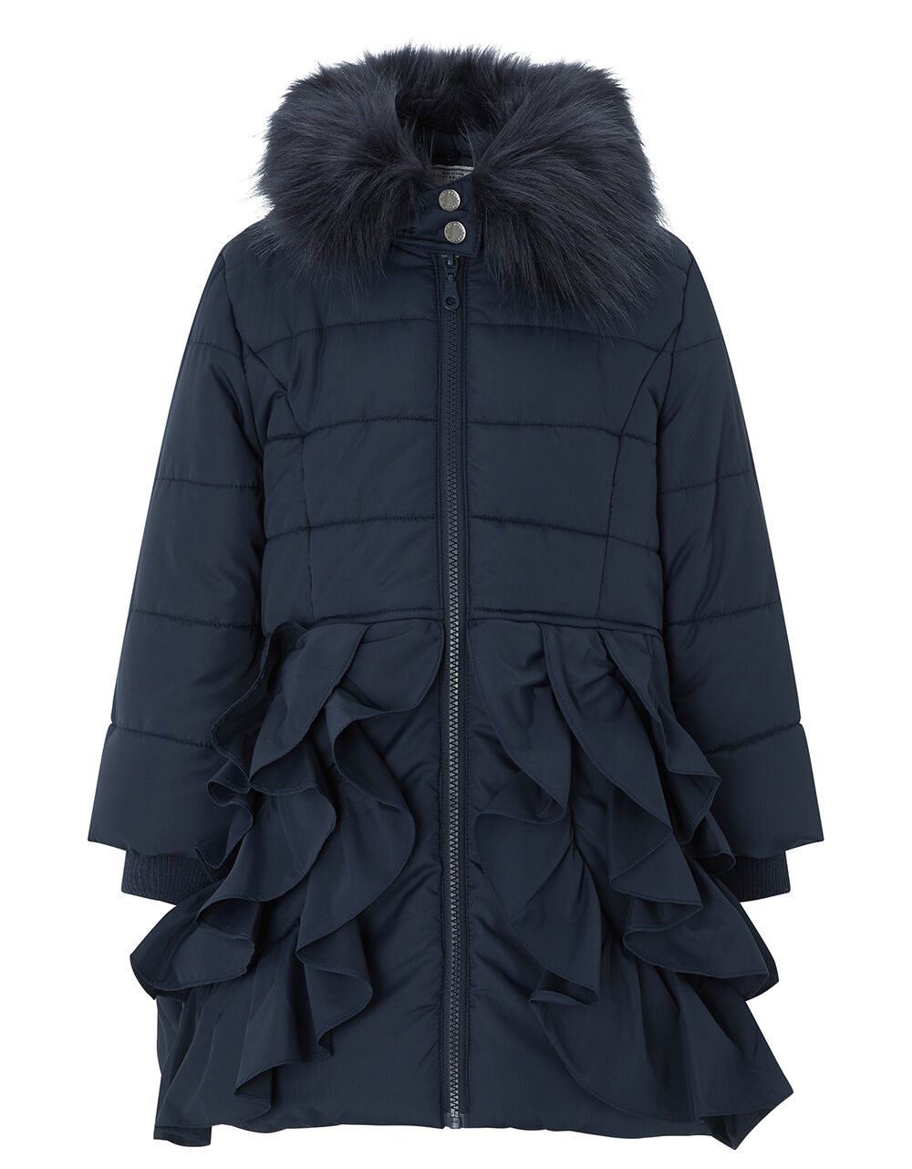 Navy Ruffle Padded Coat Blue Girls' Coats & Jackets Monsoon UK.