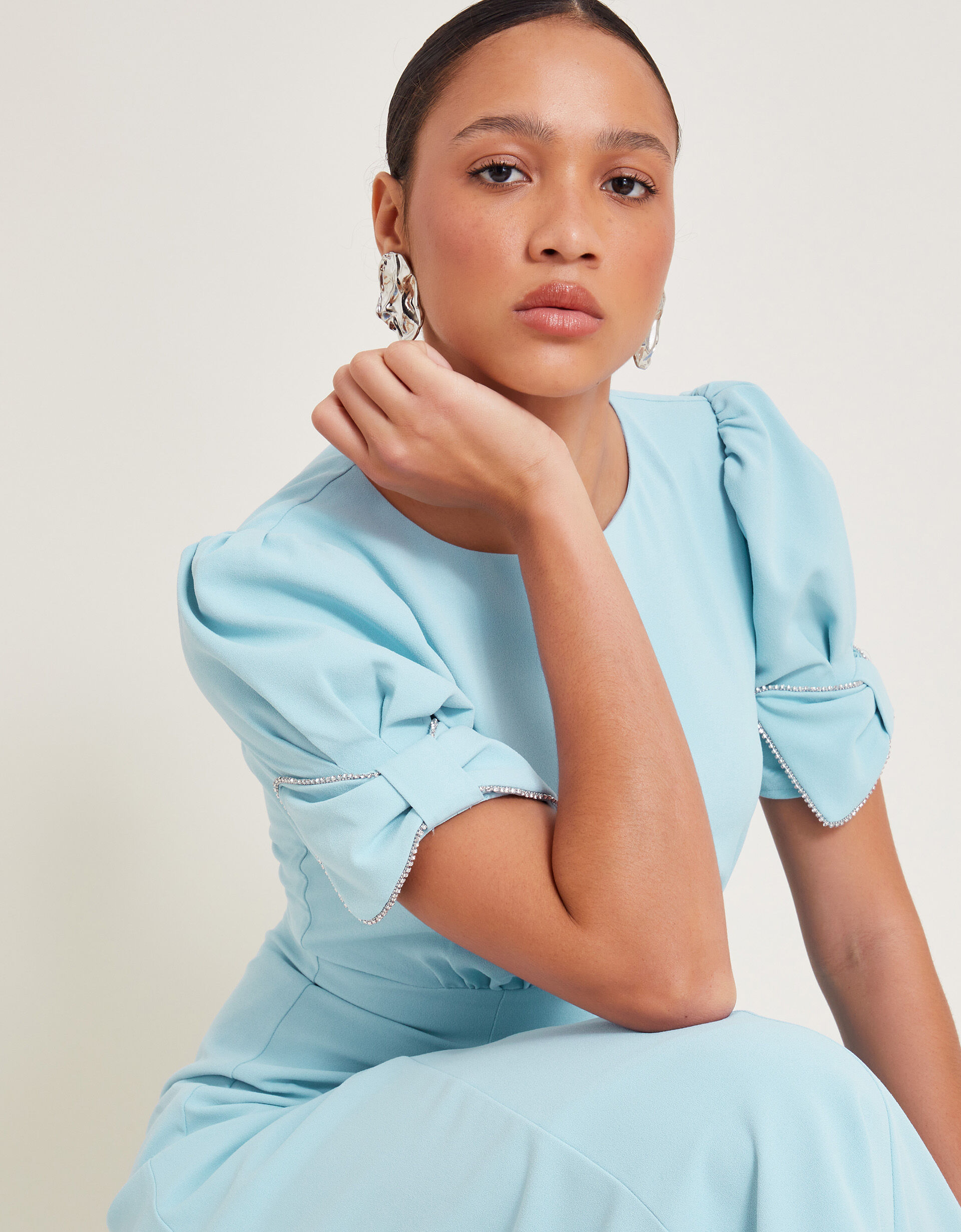 Belle Bow Sleeve Midi Dress Blue Evening Dresses Monsoon UK