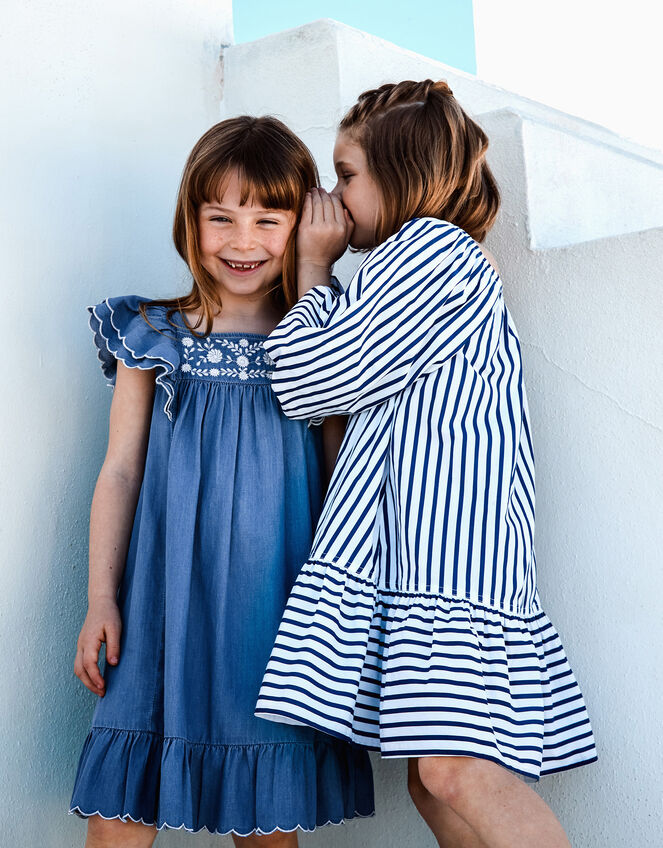 Embroidered Chambray Dress, Blue (BLUE), large