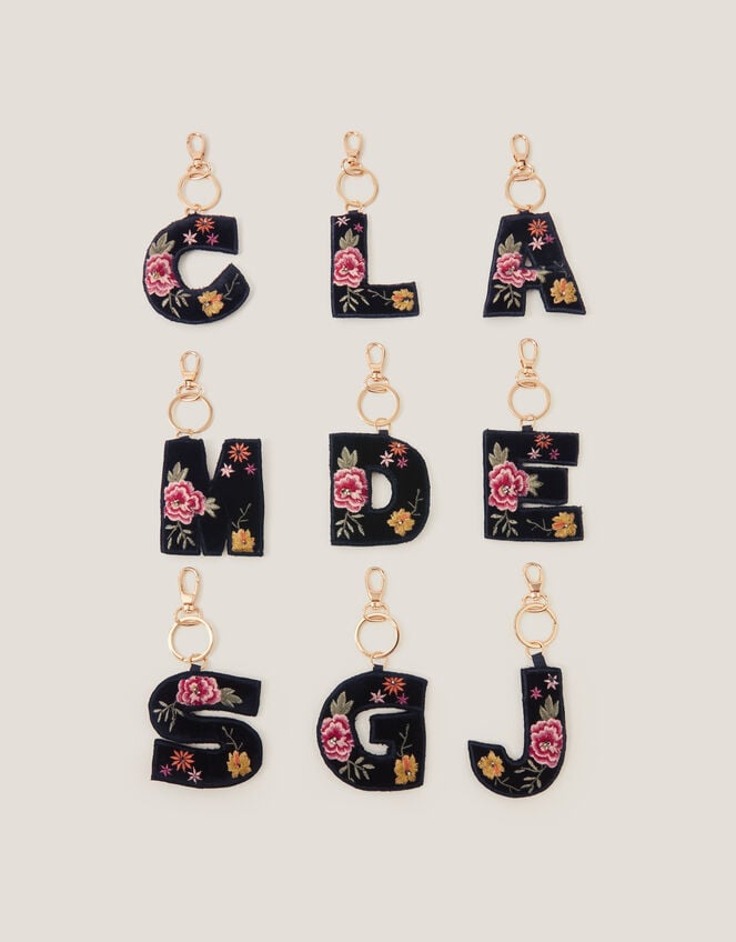Floral Embroidered Initial Keyring, Black (BLACK), large
