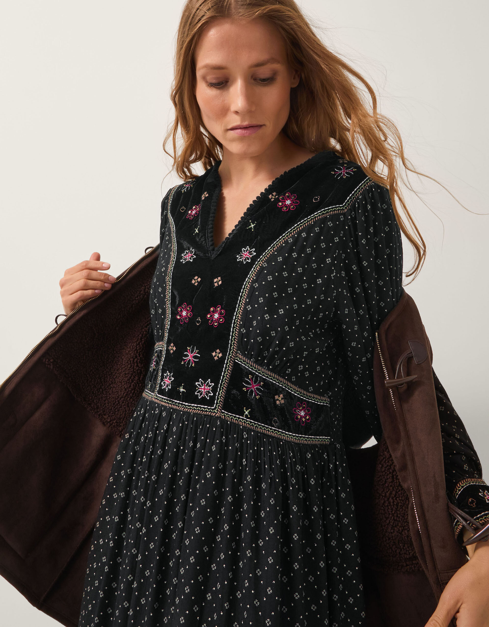 Zoie Embroidered Print Midi Dress Black